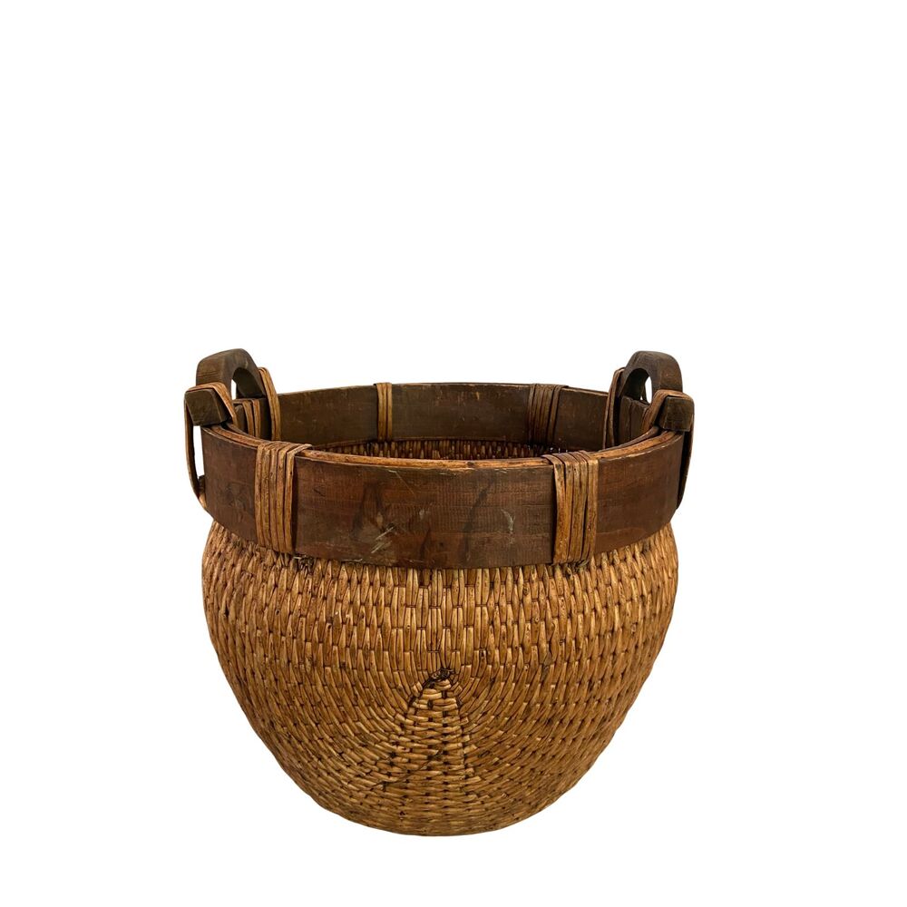 Chinese Woven Willow Rice Basket w/ 2 Wood Hand Carved Handles 19th Century - Picture 6 of 11